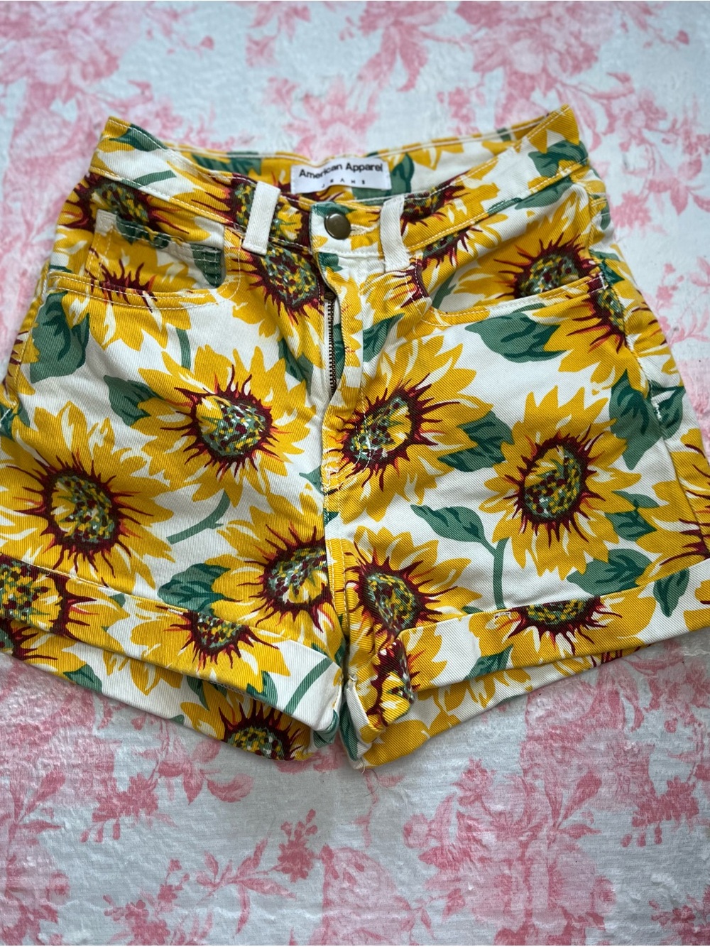 Vintage American Apparel Yellow Sunflower Print High-Waist Shorts